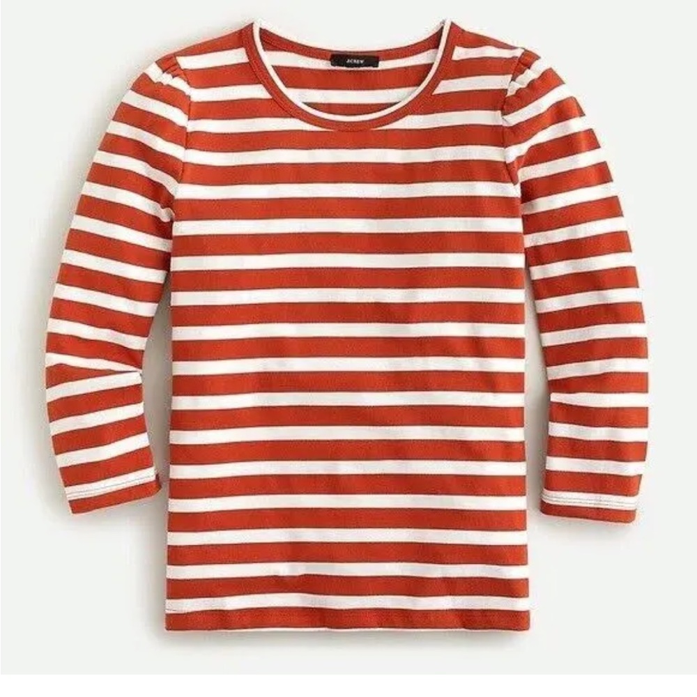J Crew Three-quarter Puff-sleeve Top 100% Cotton Stripe Rust Ivory size Large